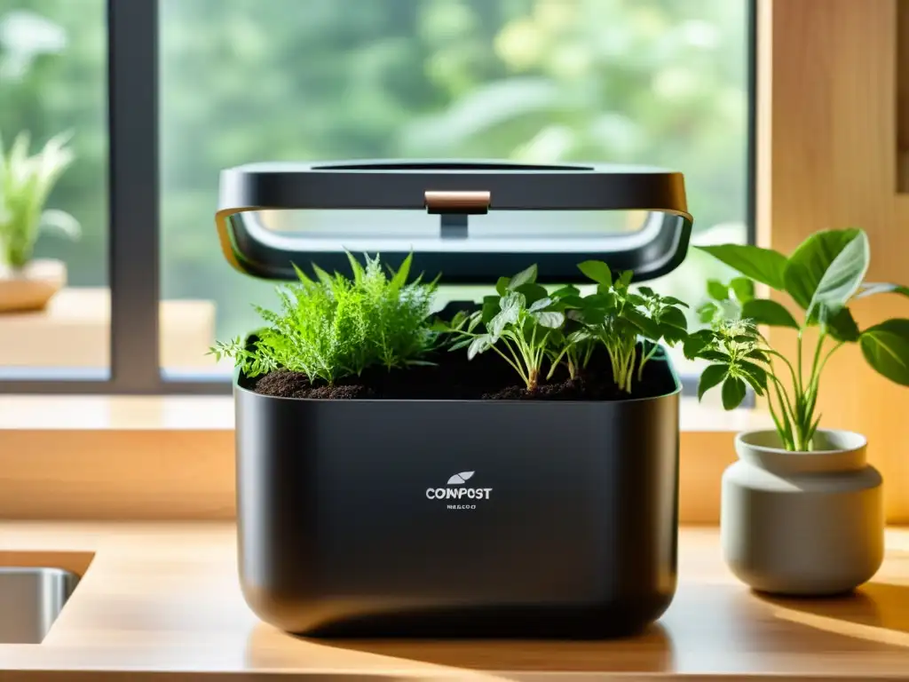 Compostera elegante en cocina moderna con plantas Un elegante contenedor de compostaje en la encimera de una cocina moderna, rodeado de hierbas y plantas, integrando compostaje y decoración del hogar