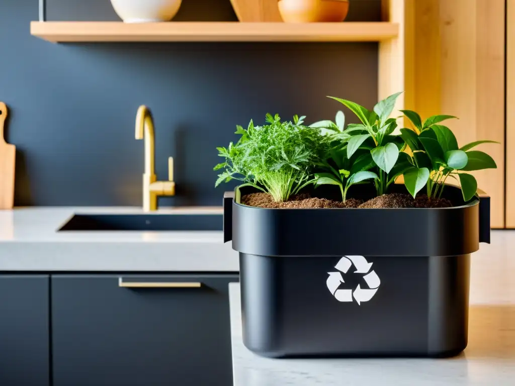 Un elegante contenedor de compostaje en la encimera de una cocina moderna, iluminada suavemente