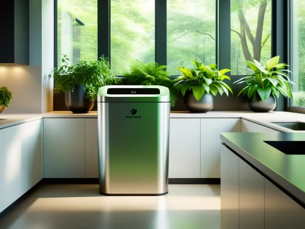 Un elegante contenedor de reciclaje futurista con opciones digitales en una cocina ecológica