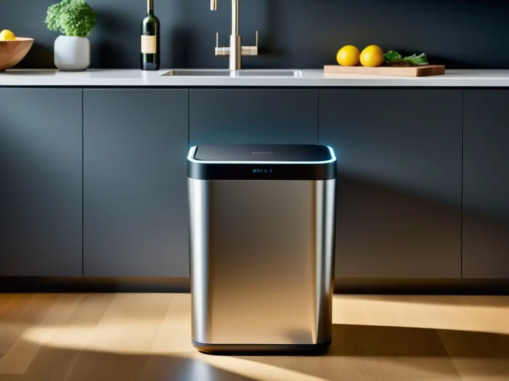 Un elegante contenedor de reciclaje inteligente integrado en una cocina moderna, transmitiendo soluciones automáticas de reciclaje para el hogar