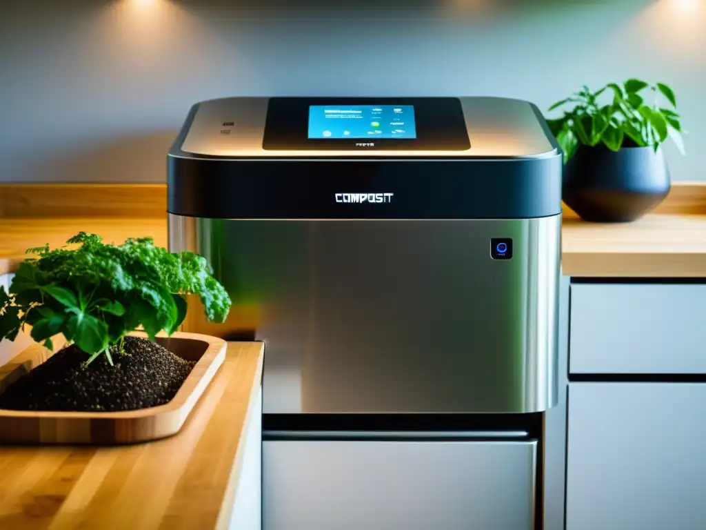 Un elegante equipo tecnológico para compostaje en casa, con diseño de acero inoxidable y pantalla digital, integrado en una cocina moderna con plantas verdes exuberantes y un contenedor de compostaje