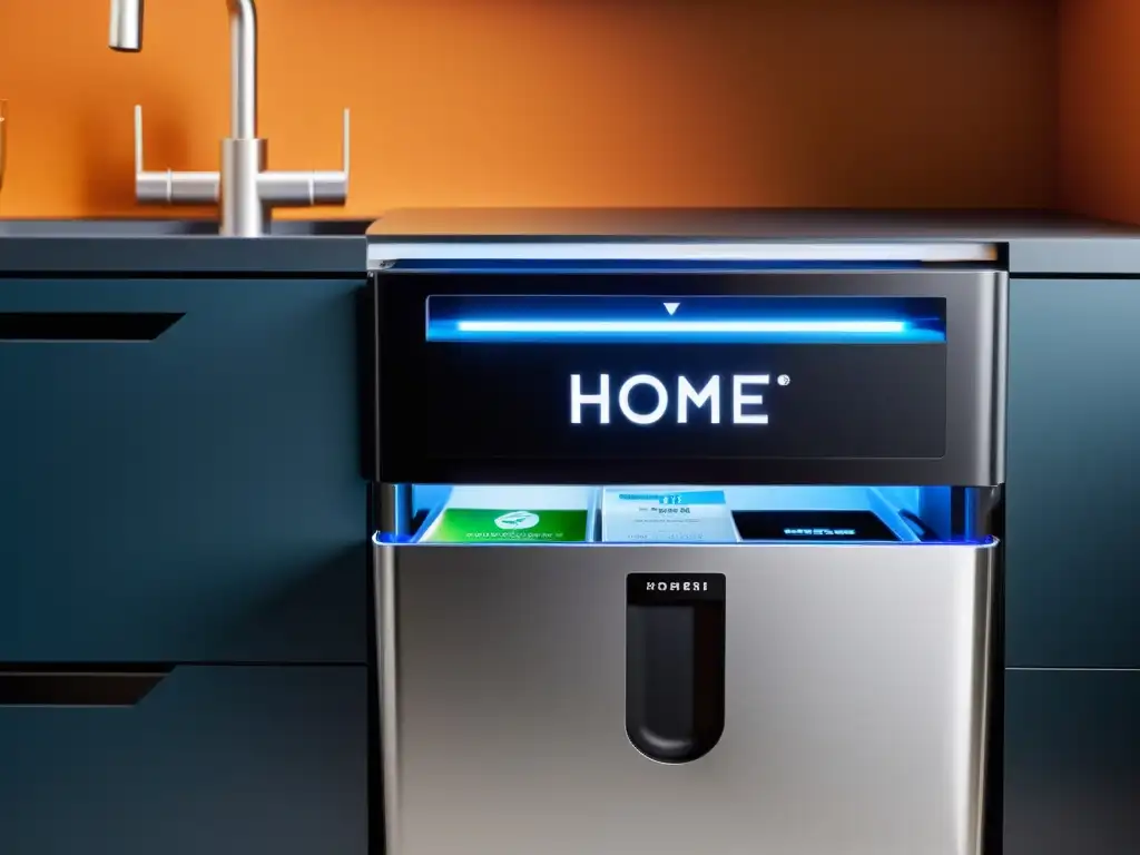 Un elegante y futurista sistema doméstico de reciclaje automatizado con compartimentos separados para vidrio, plástico, papel y residuos orgánicos