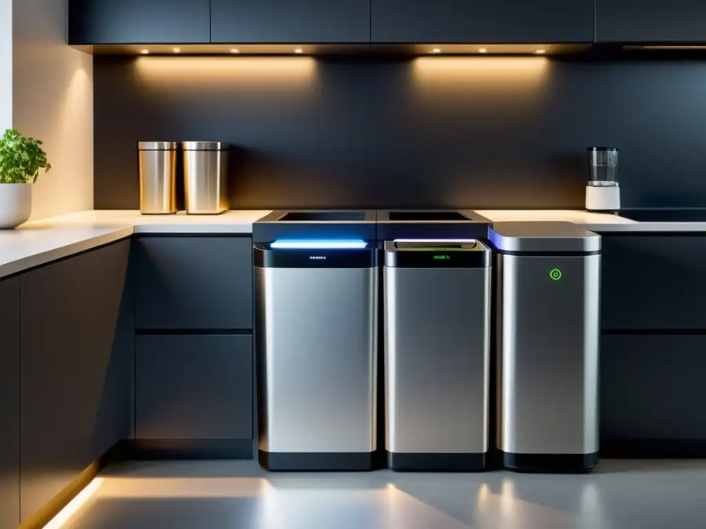 Un elegante y futurista sistema de reciclaje automatizado en el hogar, integrado perfectamente en una cocina moderna y luminosa