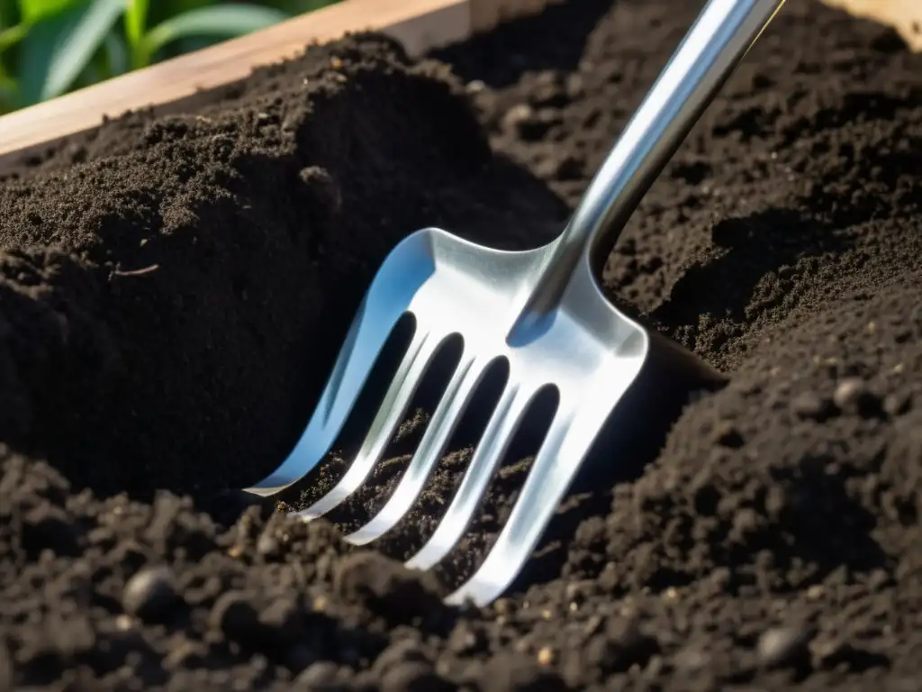 “Una elegante horca para airear compost, con mango de acero inoxidable pulido y dientes espaciados para la eficiencia