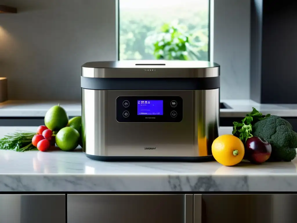 Una elegante máquina de compostaje de alta gama en una cocina moderna, con diseño de acero inoxidable y una interfaz digital