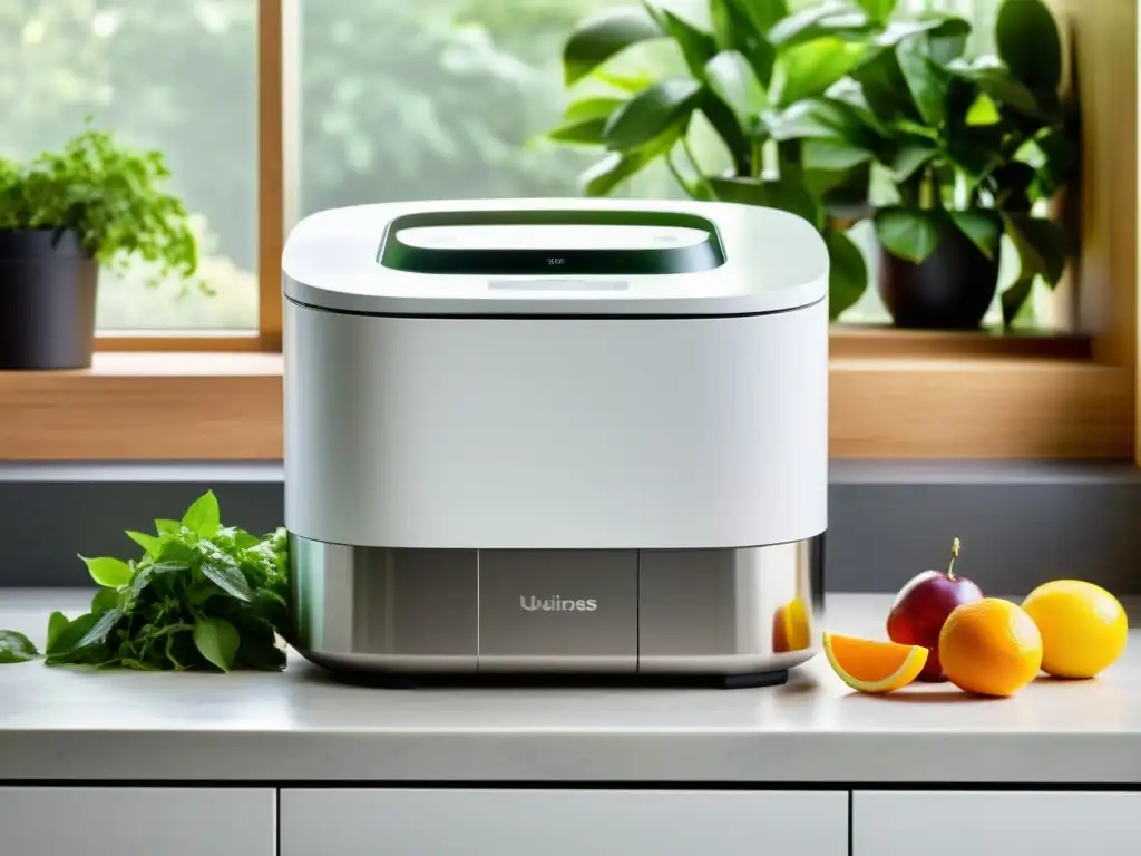 Una elegante máquina de compostaje se encuentra en la encimera de una cocina, rodeada de plantas en macetas y un bol de cáscaras de frutas