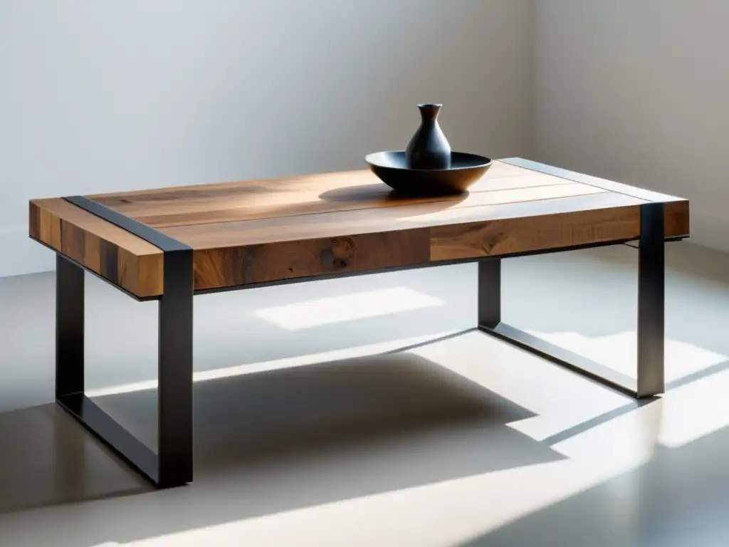 Una elegante mesa de café reciclada, con detalles en madera y metal, bañada por luz natural