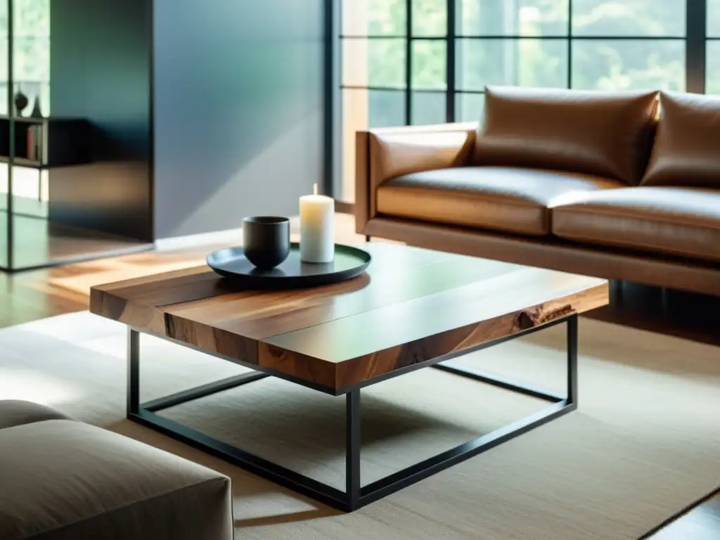 Una elegante mesa de centro de madera reciclada y metal en un salón moderno con luz natural