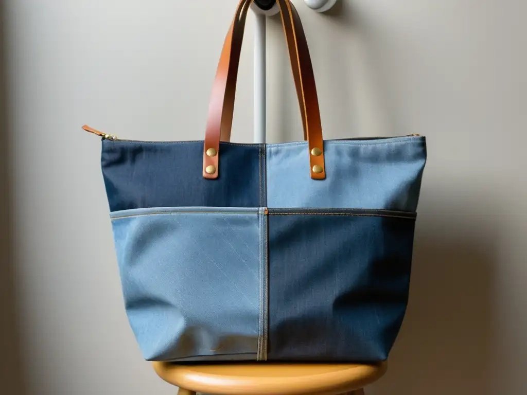 Una elegante y minimalista bolsa tote hecha de mezclilla y cuero reciclado, mostrando diseño sostenible y costuras impecables