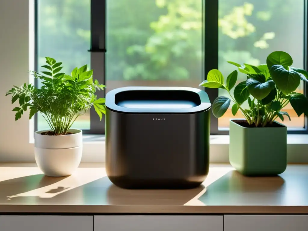 Un elegante y minimalista mostrador de cocina con un moderno contenedor de compost, rodeado de hierbas vibrantes en macetas