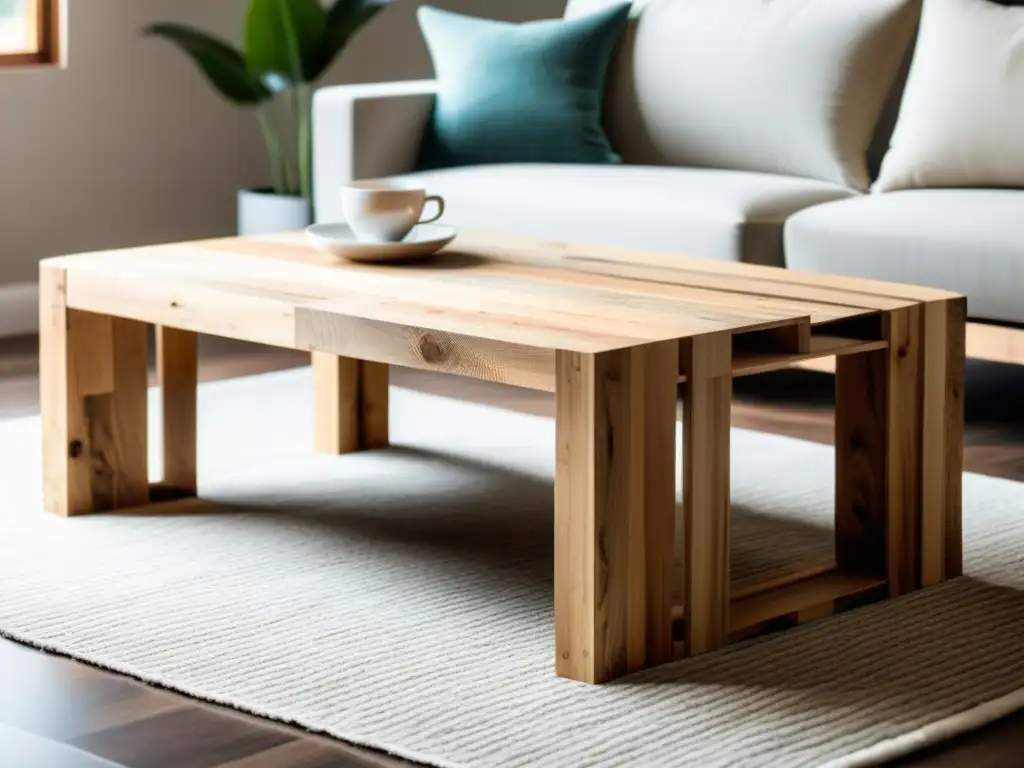 Un elegante y minimalista mueble de pallets reciclados, con detalles de madera y belleza natural, iluminado por luz suave