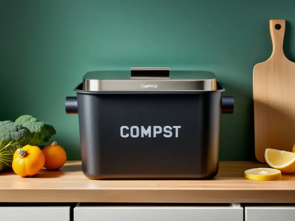 Un elegante servicio de compostaje domicilio en una cocina moderna, con un contenedor de compost limpio y bien ubicado junto a restos de comida