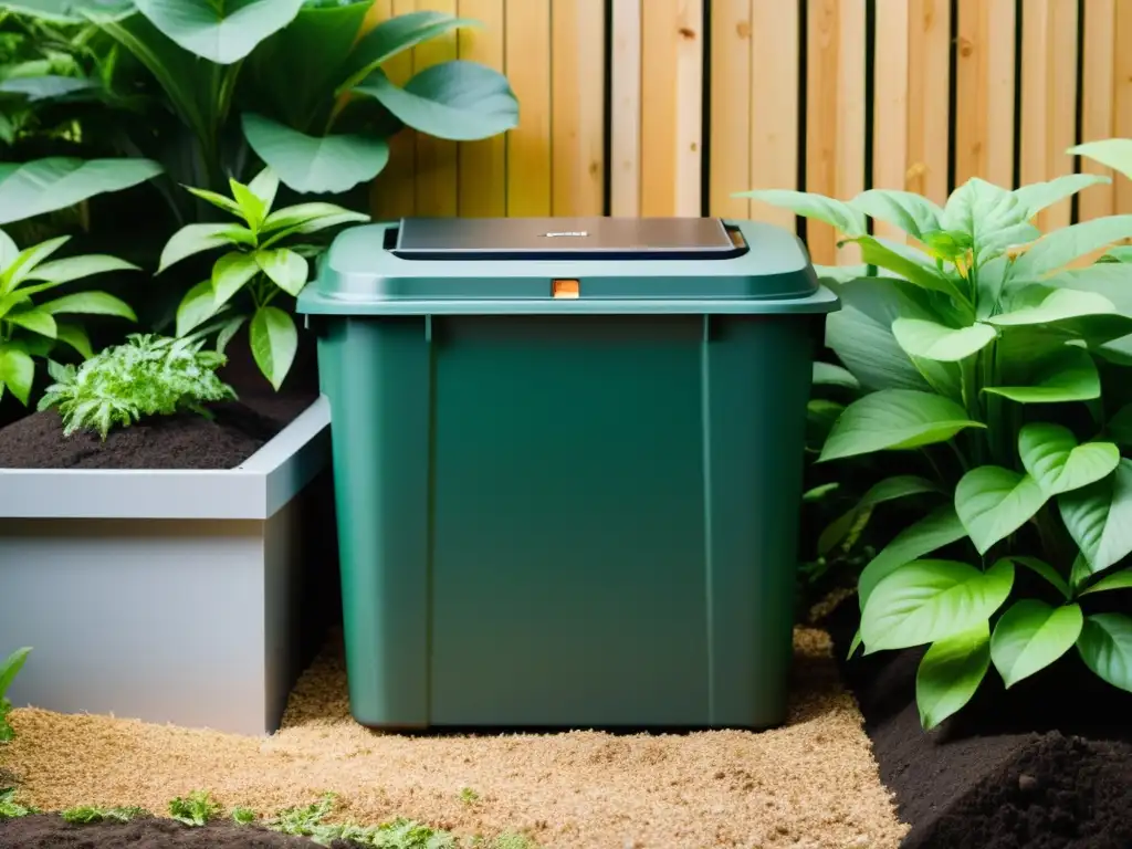 Un elegante sistema de compostaje en casa rodeado de plantas verdes exuberantes, inspirando ecoamigabilidad y sostenibilidad