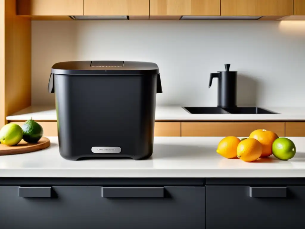 Un elegante sistema de compostaje efectivo en casa: un contenedor negro organizado con restos de comida en una cocina moderna