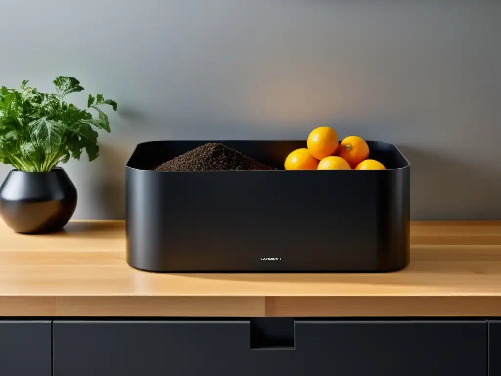 Encimera de cocina moderna con contenedor de compostaje integrado Un elegante sistema de compostaje integrado en un moderno ambiente hogareño
