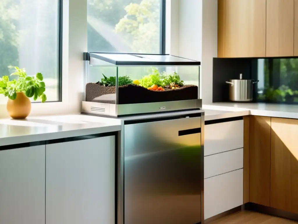 Un elegante sistema de compostaje vertical en un hogar eficiente, con cámaras llenas de desechos de cocina y tierra oscura