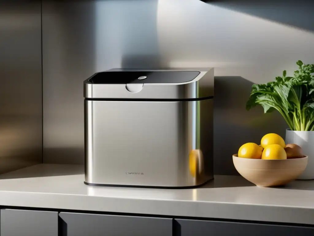 Una elegante tecnología de compostaje doméstico comparativa en una cocina minimalista y moderna