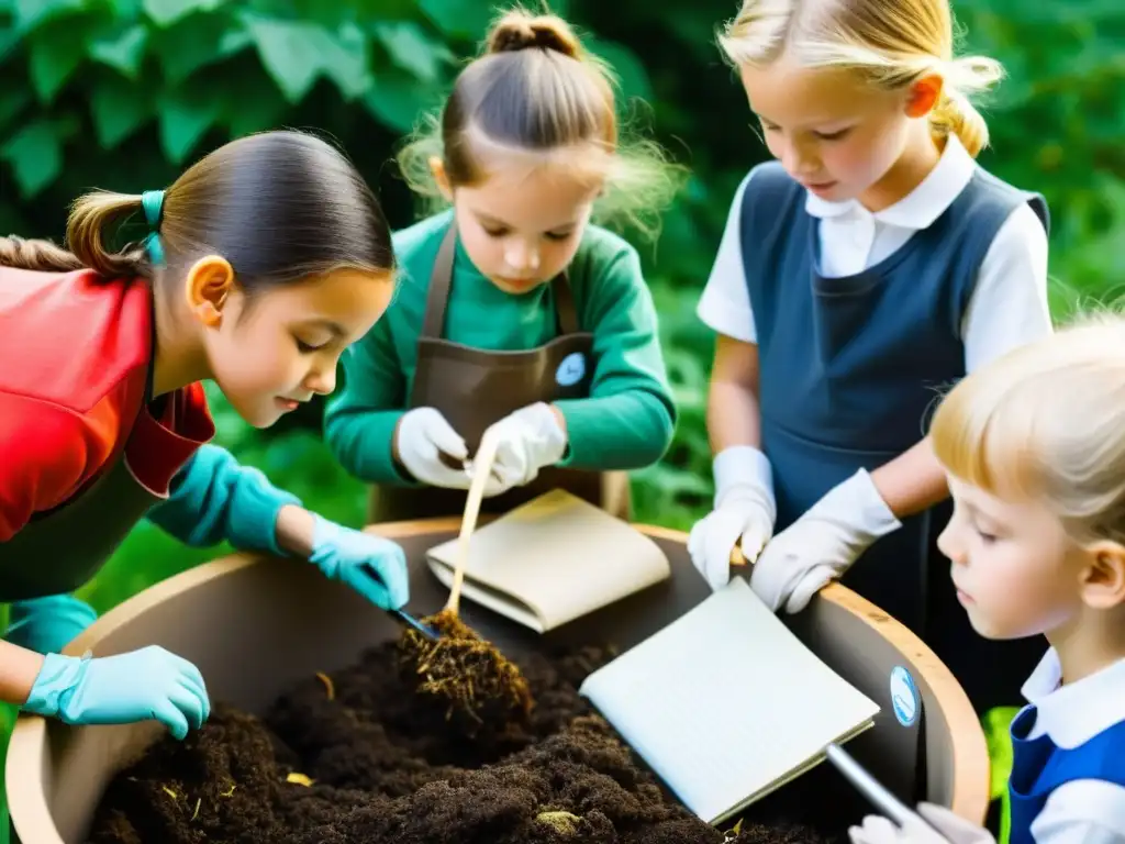 Un emocionante experimento de descomposición orgánica con niños entusiasmados, explorando y aprendiendo de forma práctica