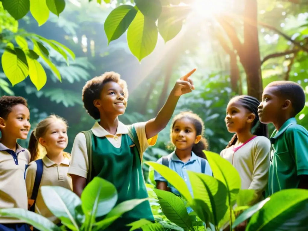 Un emocionante paseo por la naturaleza: niños y maestra exploran el bosque, fomentando la conciencia ecológica tecnológica