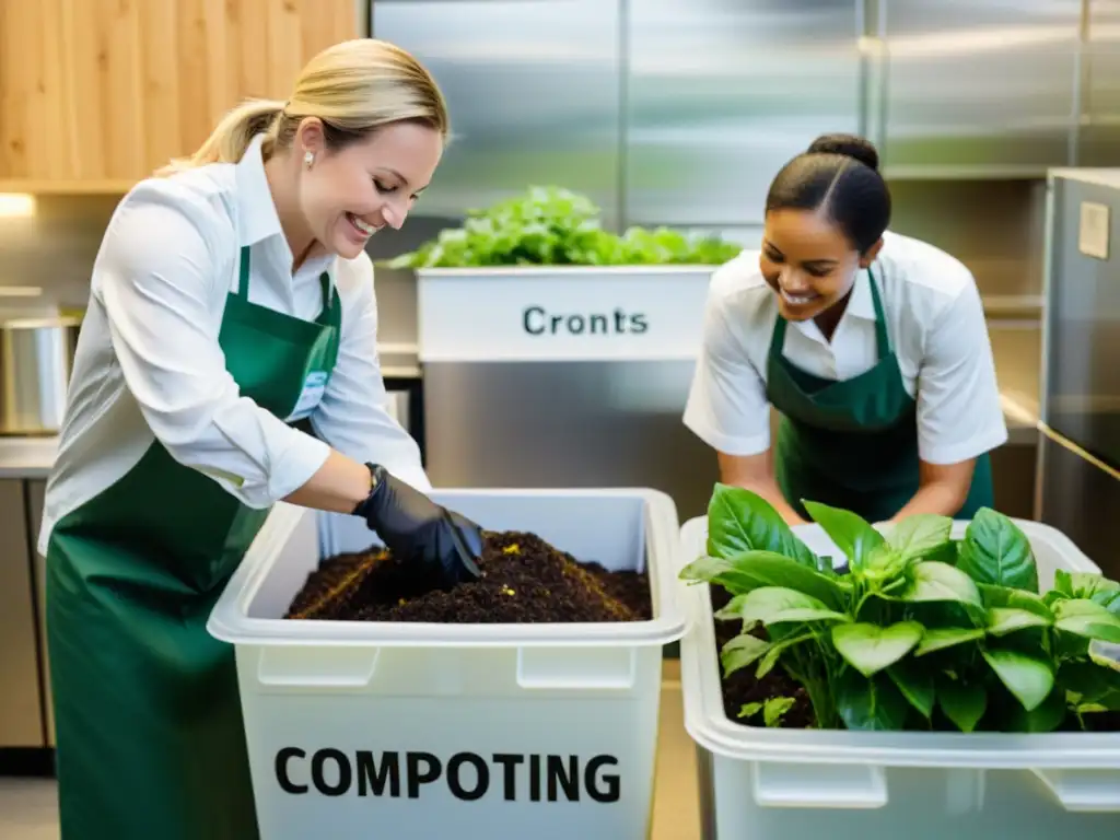 Empleados en empresa alimentaria realizando compostaje en la cocina, promoviendo un ambiente ecofriendly y sostenible