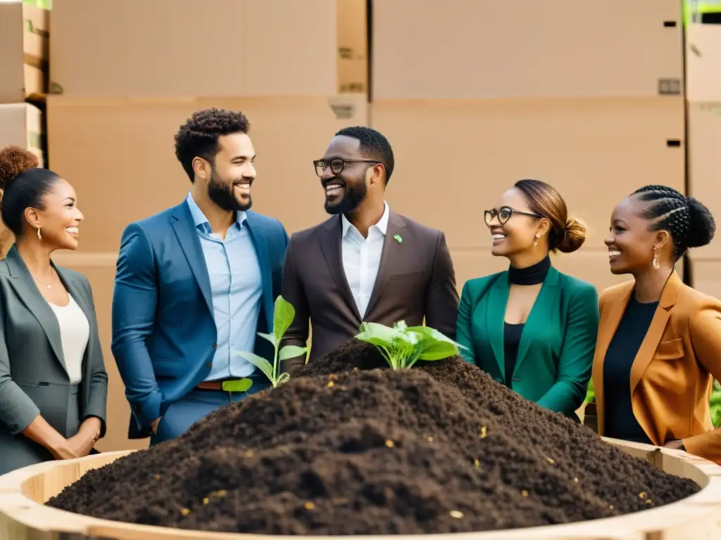 Emprendedores de compostaje discuten planes de negocio para emprendedores de compostaje, rodeados de materiales compostables y equipo moderno