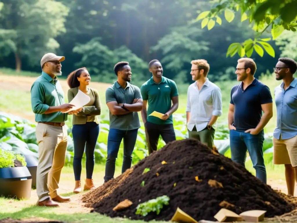 Emprendedores aprendiendo sobre compostaje sostenible al aire libre en una capacitación en compostaje para emprendedores sostenibles