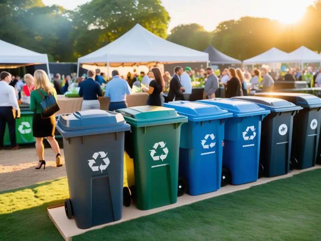 Emprendedores ecológicos en gestión de residuos: Evento al aire libre con estaciones de reciclaje y asistentes comprometidos con la sostenibilidad