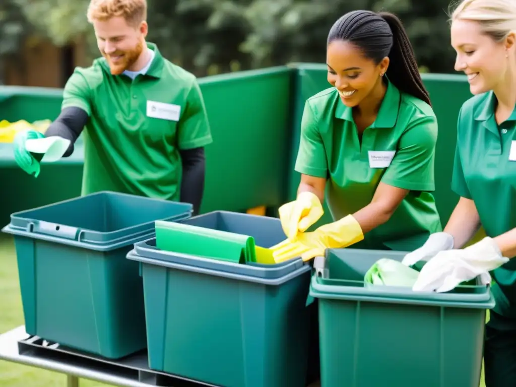 Emprendedores ecológicos en gestión de residuos clasificando plásticos, papel y materia orgánica en evento al aire libre