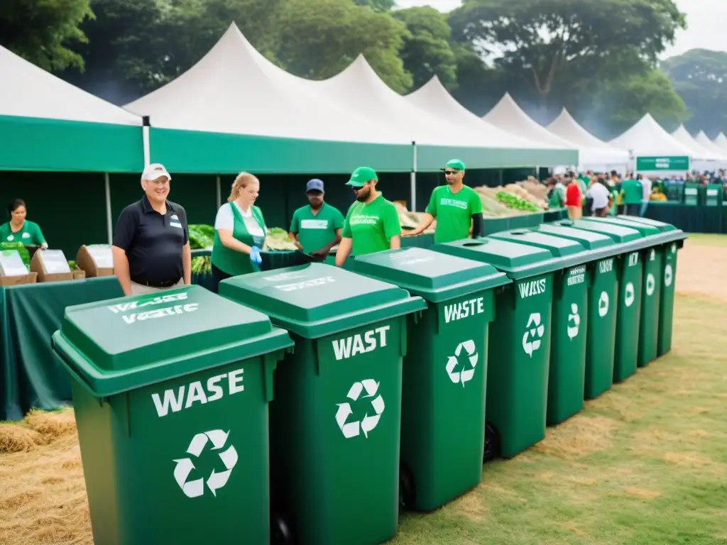 Emprendedores ecológicos en gestión de residuos: Voluntarios organizando eficientemente estaciones de reciclaje en un evento al aire libre, destacando la importancia de prácticas sostenibles