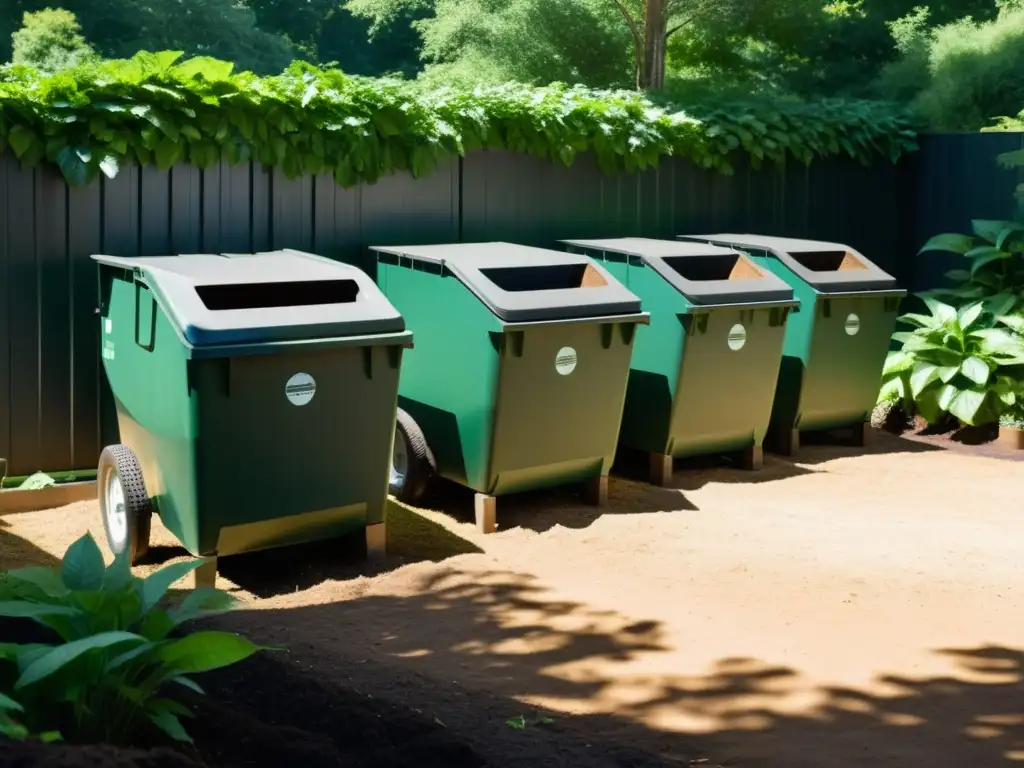 Un emprendimiento sostenible se refleja en la imagen de compostaje, con bins organizados y rodeados de exuberante vegetación