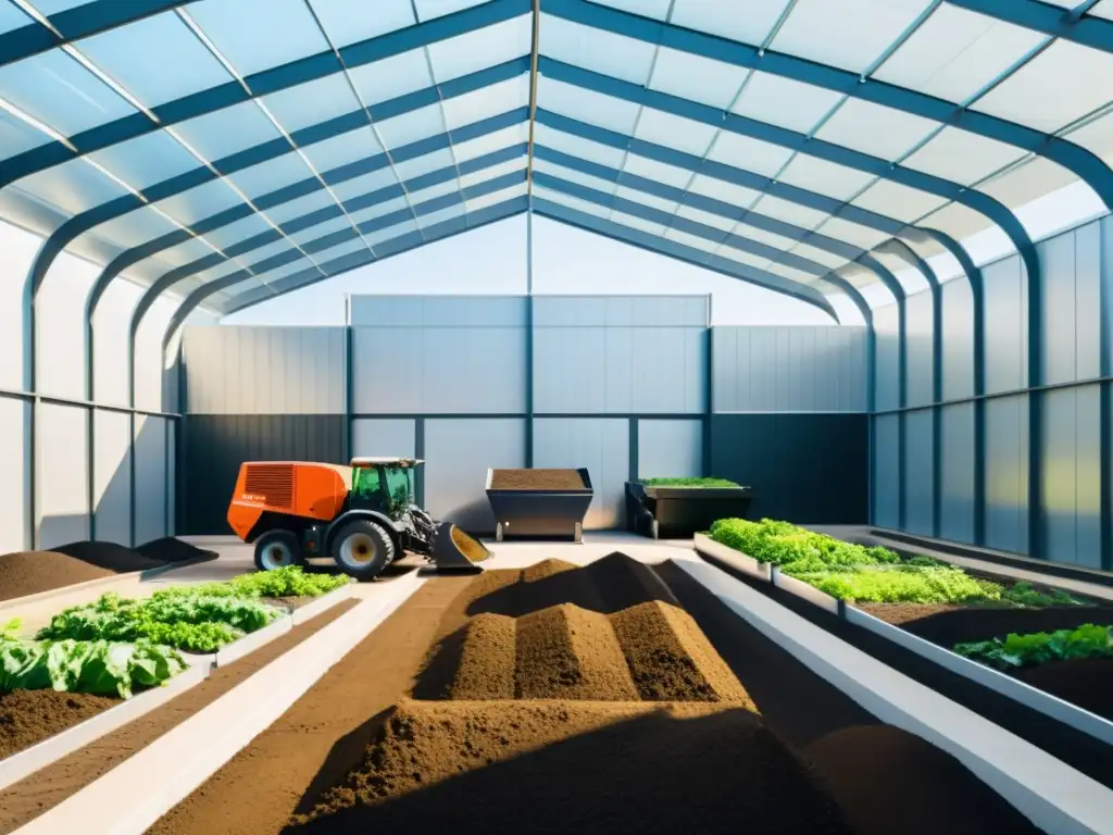 Emprendimientos exitosos en compostaje: Instalación moderna, eficiente y ecológica con trabajadores y vegetación exuberante