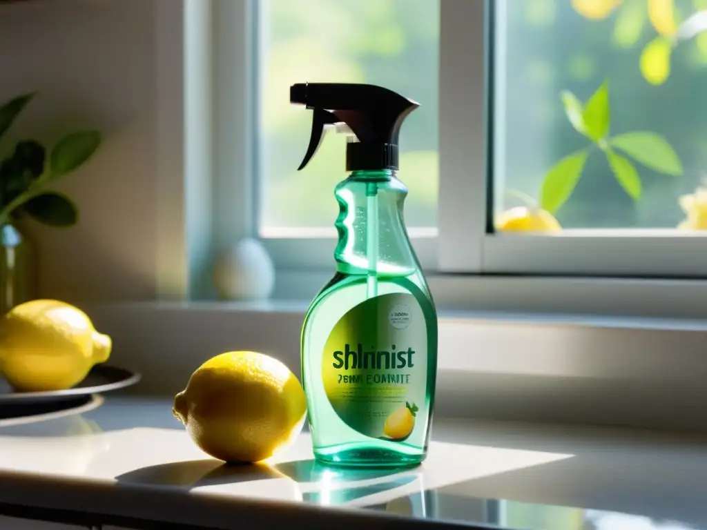 Un encantador mostrador de cocina impecable con productos de limpieza ecológicos, lemons y luz solar, transmite frescura y sostenibilidad