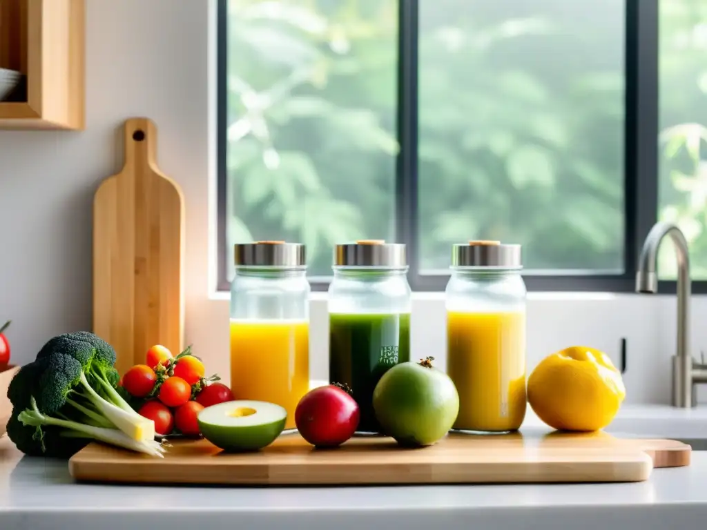 Encantadora cocina con frutas y verduras en envases reutilizables, reducir consumo plásticos hogar