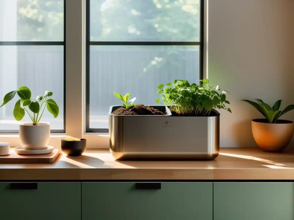 Encantadora cocina minimalista con contenedor de compostaje, restos de alimentos y planta