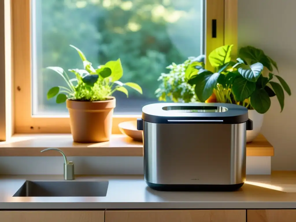 Una encantadora cocina minimalista con un pequeño contenedor de compost, iluminada por la luz matutina