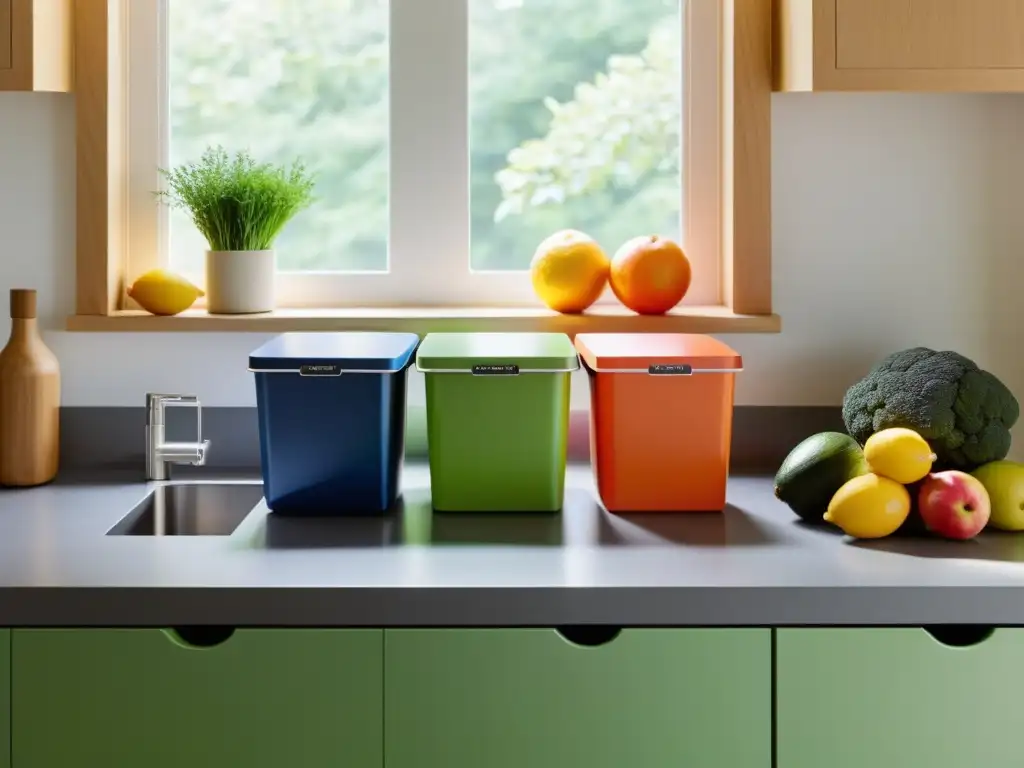 Una encantadora cocina minimalista con separación de residuos, frutas frescas y una atmósfera ecológica