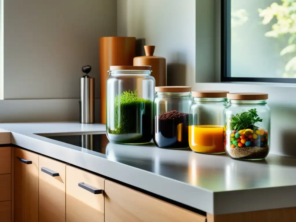 Encantadora cocina sostenible con sistemas de reciclaje y compostaje en casa, iluminada por luz natural