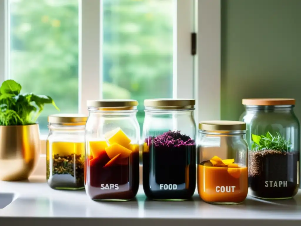 Una encantadora escena de cocina con frascos de vidrio llenos de restos de comida coloridos, promoviendo estrategias de reciclaje en casa