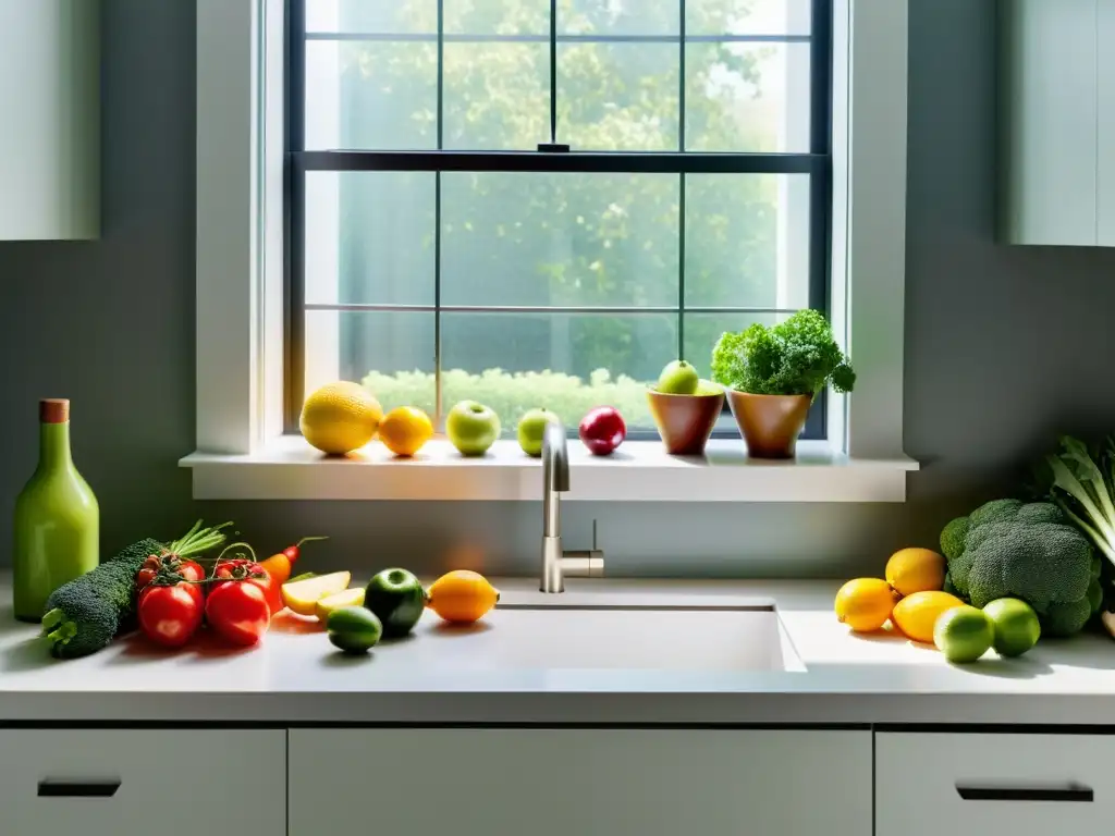 Una encantadora escena en una cocina con frutas y verduras frescas, organizadas con precisión