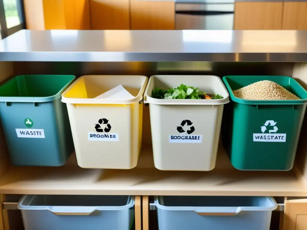 Encimera de cocina con contenedores para separar residuos: compostables, reciclables y no reciclables