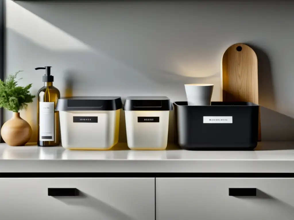 Una encimera de cocina impecable con contenedores separados para vidrio, plástico y residuos orgánicos, organizados y etiquetados con elegantes etiquetas en blanco y negro