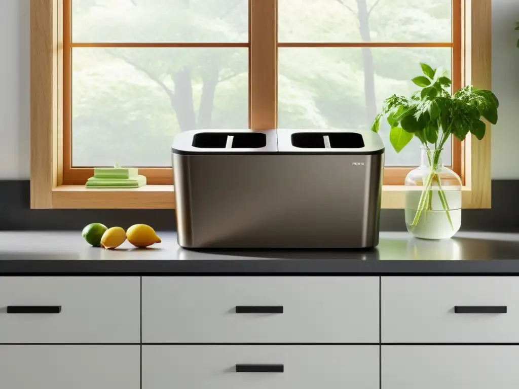 Una encimera de cocina minimalista con contenedores separados para compostaje y reciclaje