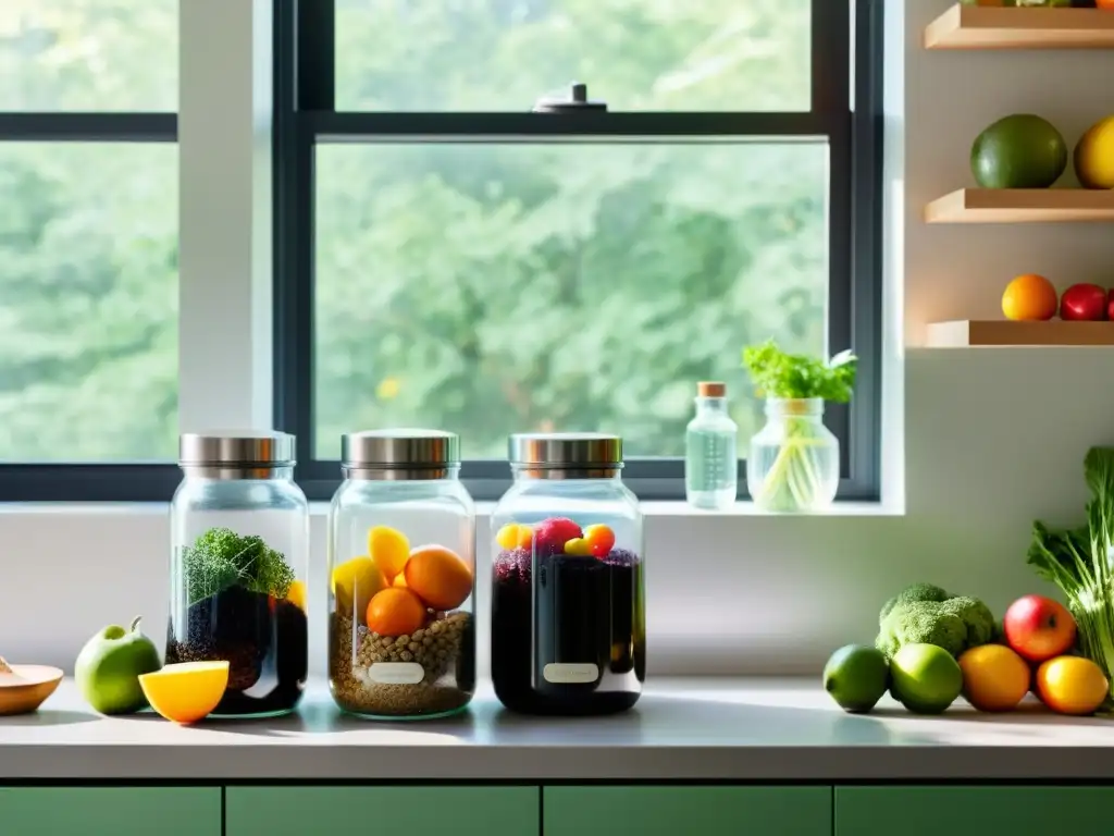 Encimera de cocina minimalista con frutas y verduras orgánicas, compostera de acero inoxidable y botella de agua reutilizable