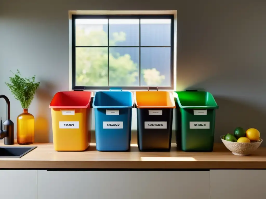 Una encimera de cocina moderna y minimalista con contenedores etiquetados para reciclaje y compostaje, llenos de materiales reciclables y desechos orgánicos