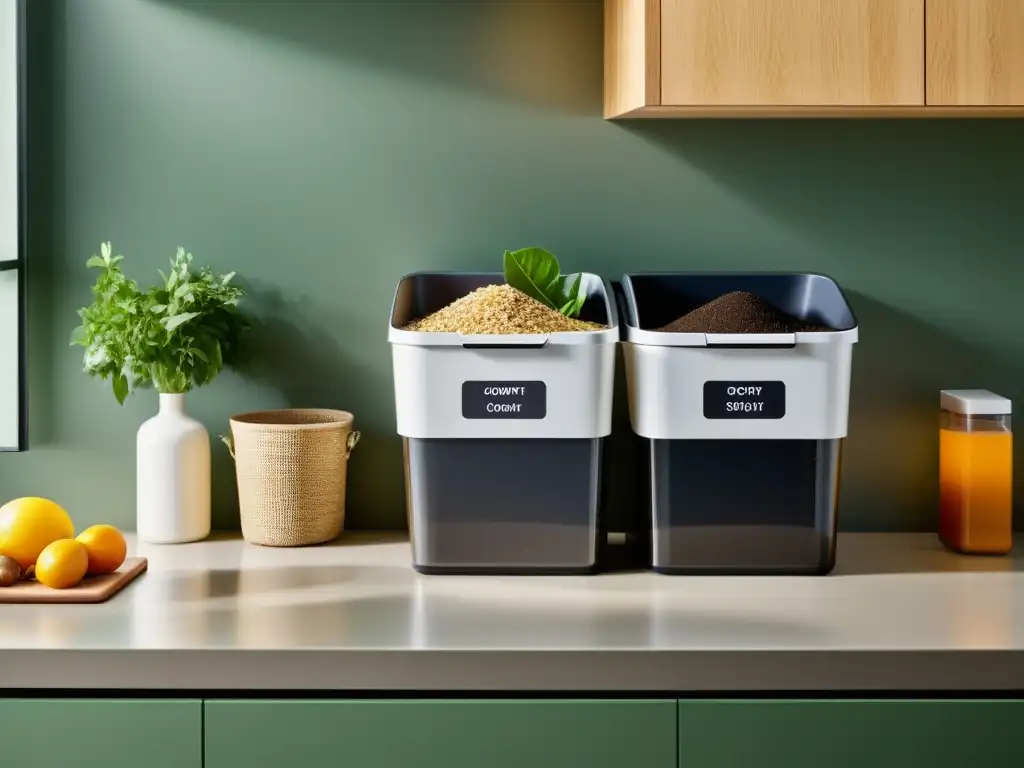 Encimera de cocina moderna con separadores para compostaje y reciclaje, organizados y etiquetados