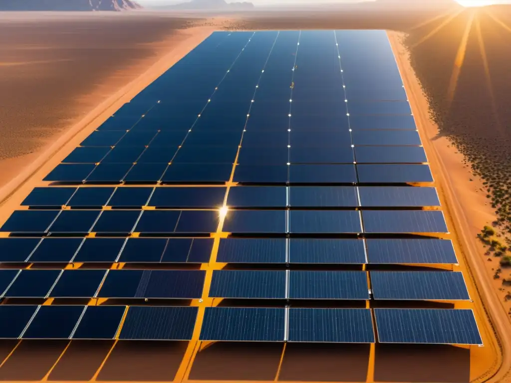 Inversión en energías renovables: Fotografía impactante de un campo de paneles solares en un desierto al atardecer, con un cálido resplandor dorado