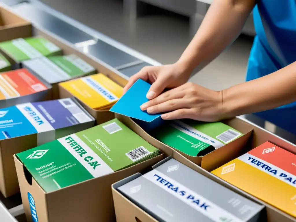 Un enfoque detallado muestra manos separando capas de un Tetra Pak, con materiales reciclables organizados