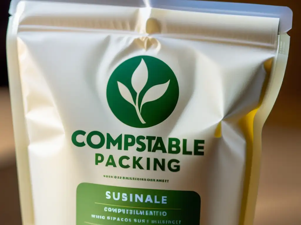 Envases compostables para industria alimentaria: Detalle de material ecológico y moderno con textura sutil y logo de certificación