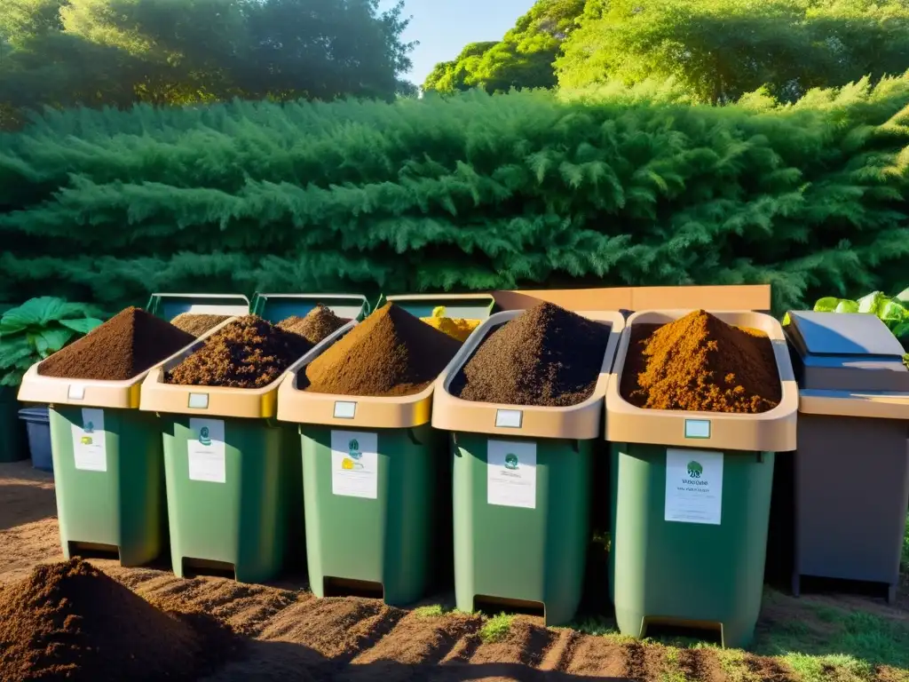 Equipamiento esencial para compostaje comunitario rodeado de naturaleza y personas colaborando en un ambiente cálido al atardecer