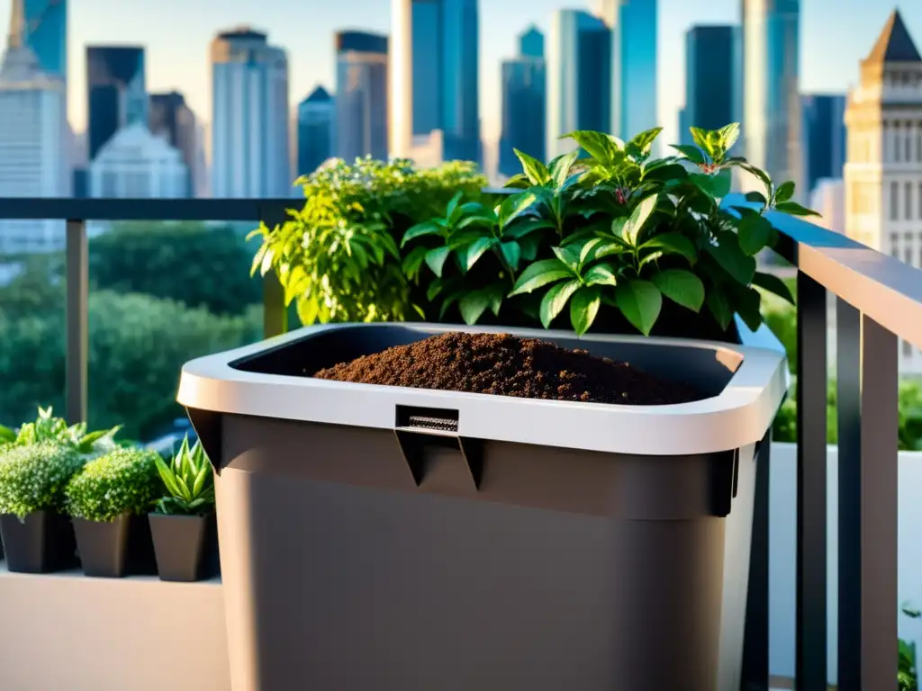 Un equipo compacto para compostaje en balcones, integrando la vida urbana con prácticas sostenibles, rodeado de plantas vibrantes y compost oscuro